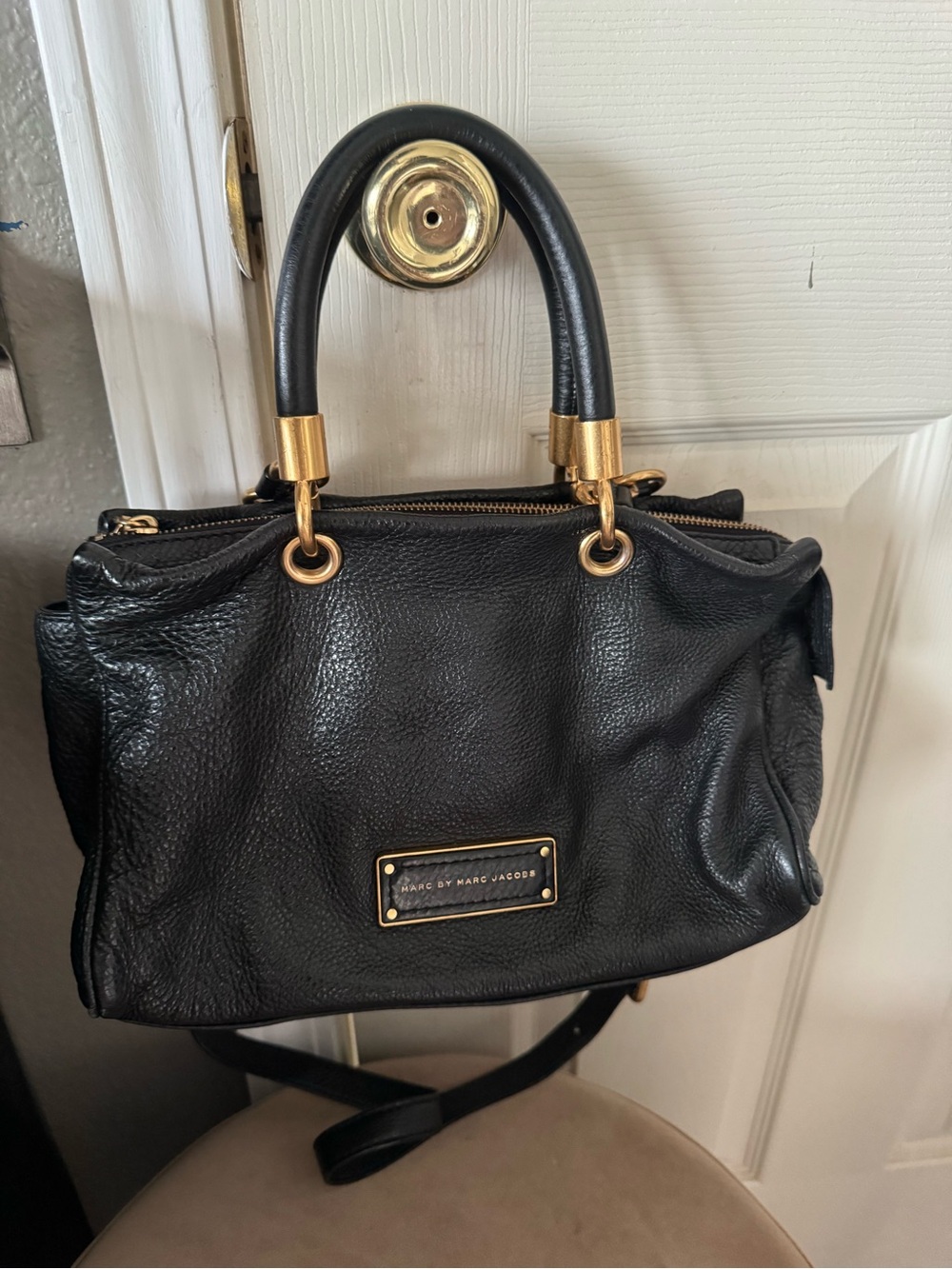 Marc by Marc Jacobs Black Leather Satchel with Gold Hardware Accents
